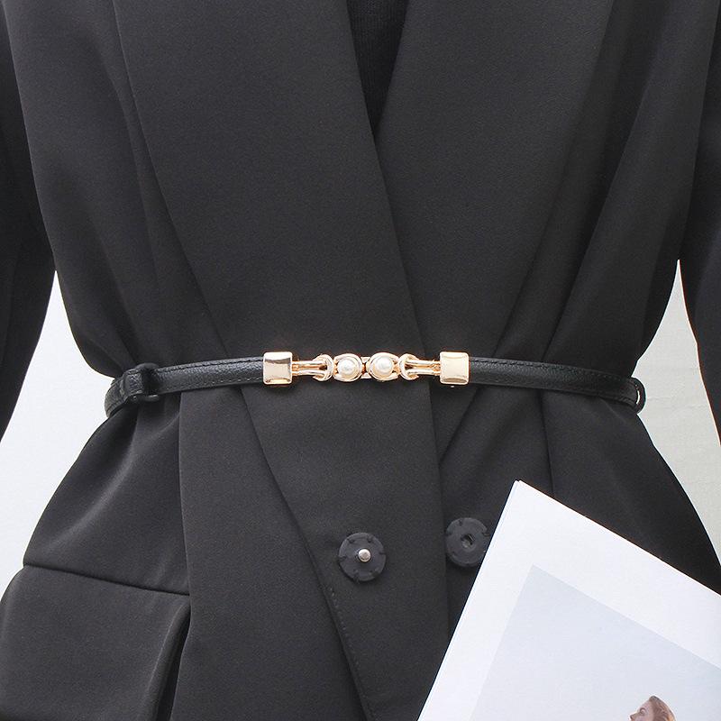

Women Pu Leather Thin Belt Immitation Pearl Metal Buckle Adjustable Waist Belt for Ladies Dress Coat Decoration Waistband
