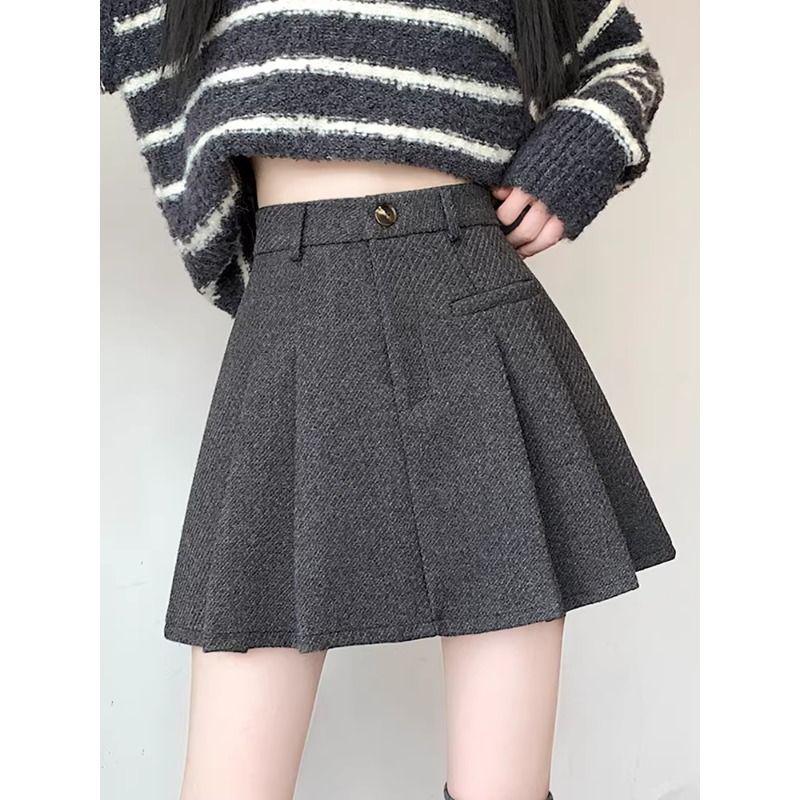 2025 Autumn/Winter Grey Wool Blend High-Waisted Slimming Pleated Skirt
