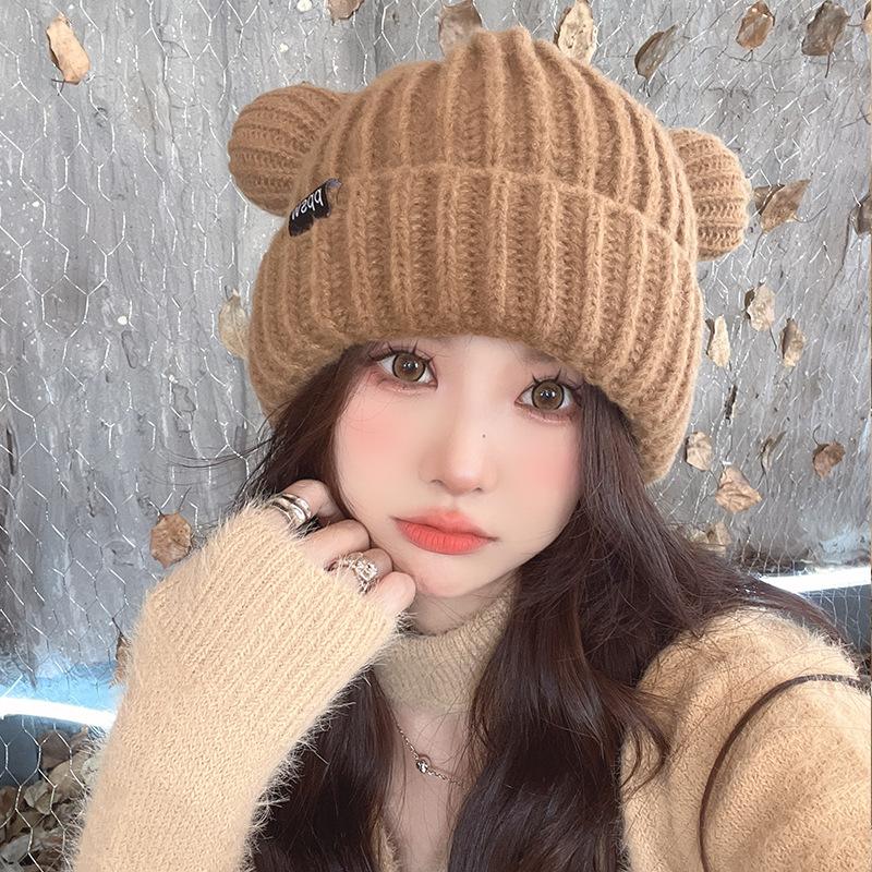 Winter Bear Ear Knitted Hat for Women Korean Style Warm Wool Hat Japanese Versatile Cute Cold Hat for Women Ear Protection Hat