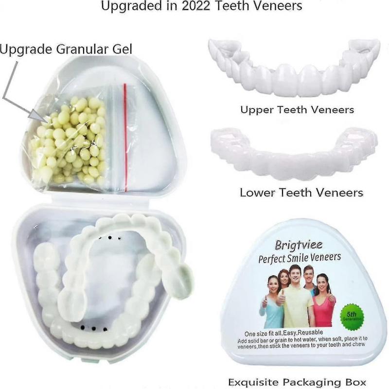 Upper & Lower Teeth Veneers - 2 Pairs Simulation Braces Sp On Veneers Smile Fake Teeth Cover Imperfect Teeth Perfect Whitening False Teeth One Size De