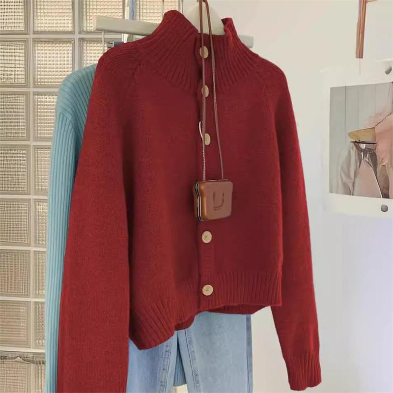 Autumn and Winter New Retro Soft Waxy Knitted Cardigan Top Women's High Neck Loose Lazy Style Solid Color Sweater Jacket