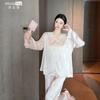 Women's pajamas, youthful sweet jacquard ice silk long-sleeve and long pants loungewear set, cute ruffle collar pajamas, spring/autumn style
