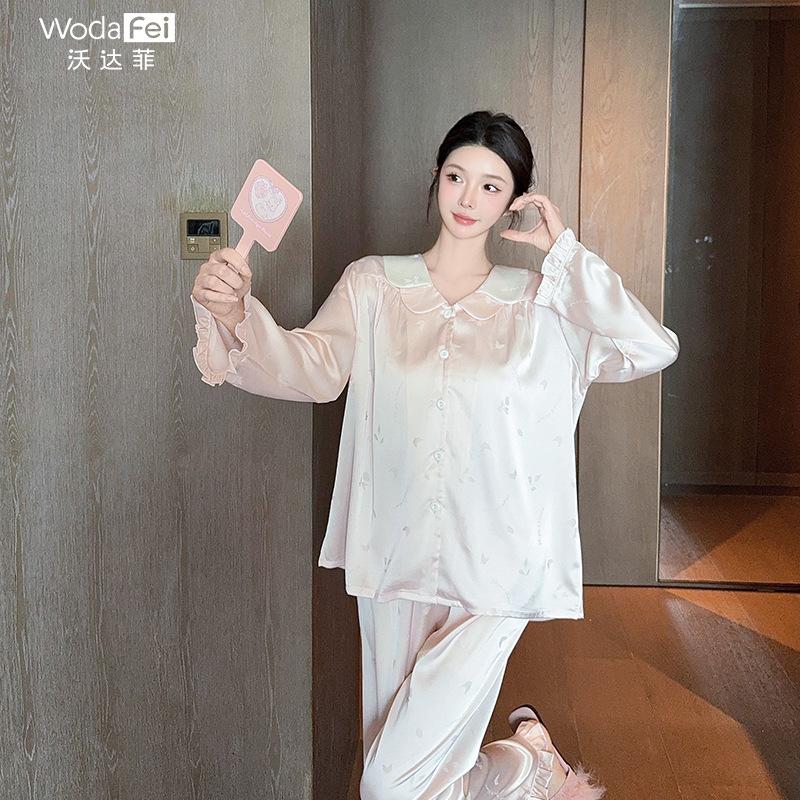 Women's pajamas, youthful sweet jacquard ice silk long-sleeve and long pants loungewear set, cute ruffle collar pajamas, spring/autumn style