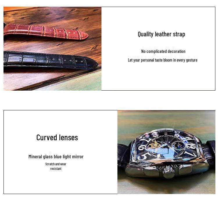 Men's Waterproof Barrel-Shaped Mechanical Leather Watch - Unique Design for Stylish Men