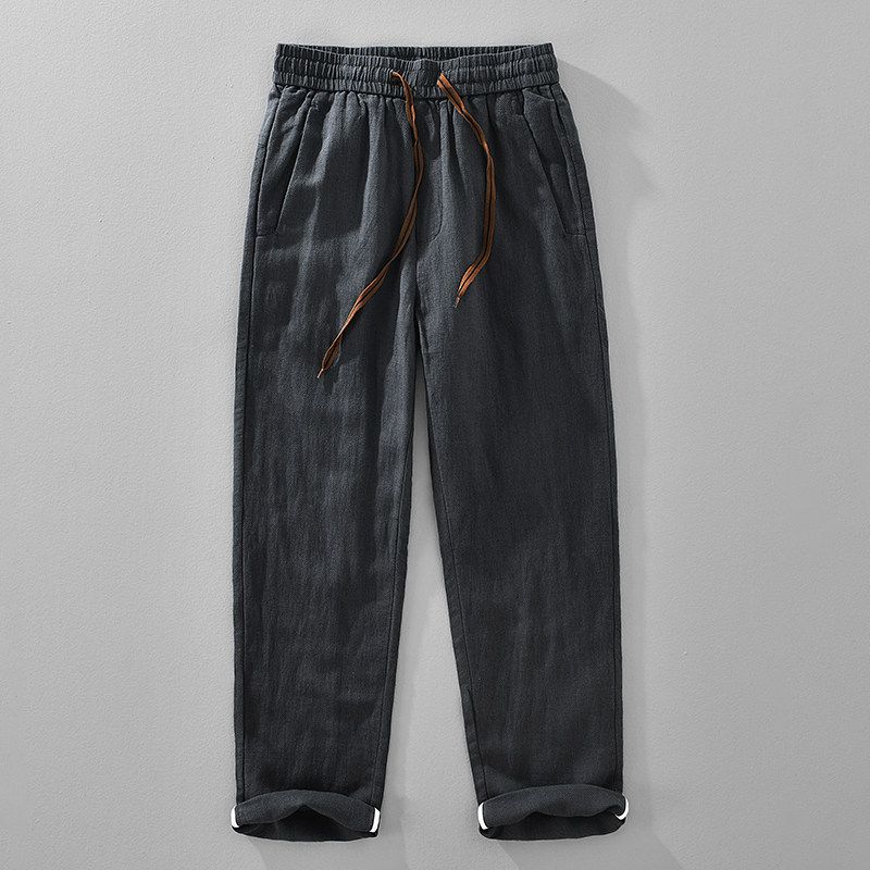 Foreign Trade Surplus Japanese-Style Casual Linen Straight-Leg Pants for Men, 2026 Spring/Summer New Loose Drawstring Cotton-Linen Long Pants Grey 2XL