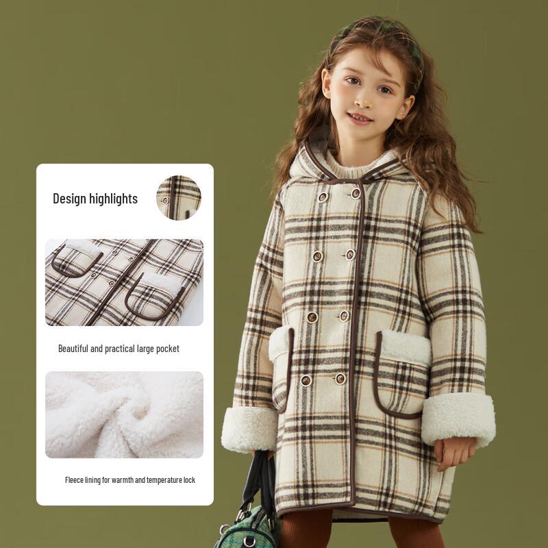 Fuluomi Girls Winter Plaid Hooded Wool Coat 120
