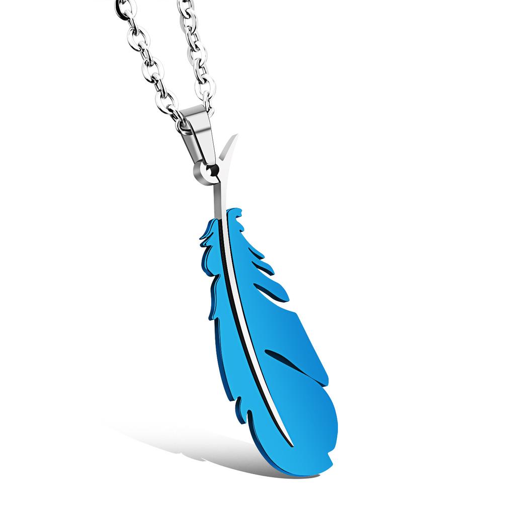 SCIONE Classic Titanium Steel Necklace Feather Pendant Pure Steel with Chain Couple Necklace