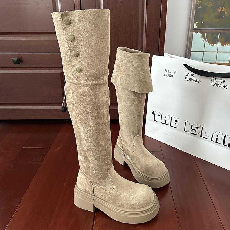 

Модные винтажные женские ботфорты на платформе, модные с двойным отворотом, современные длинные боты для женщин 35 хаки