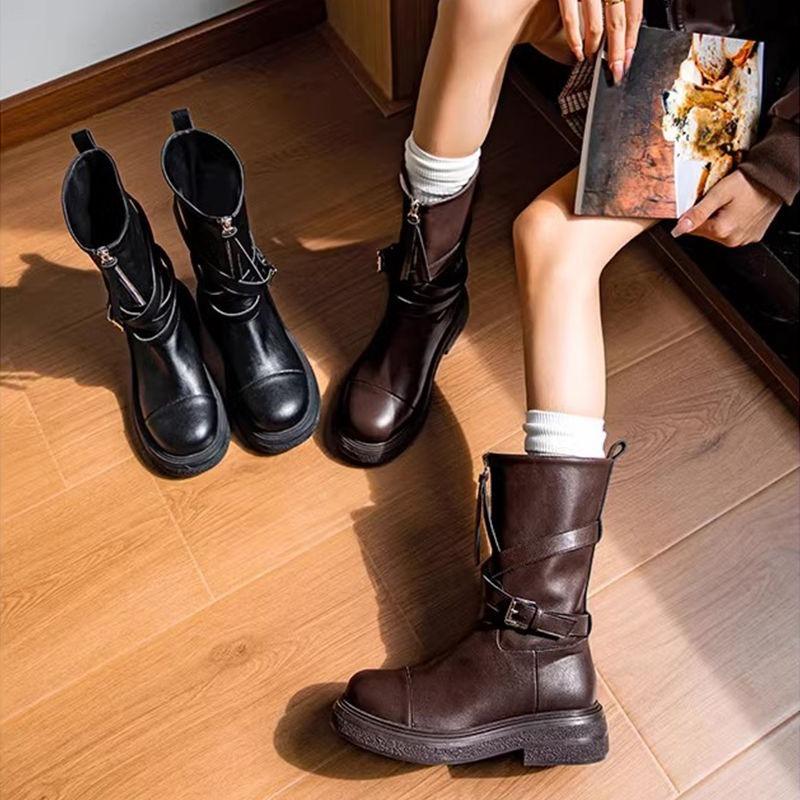 Fashion Autumn Winter Platform Warm Leather Round Toe Mid Calf Shoes Woman Y2k 2025 New Designer Luxury In Pu Half High Boots for Women