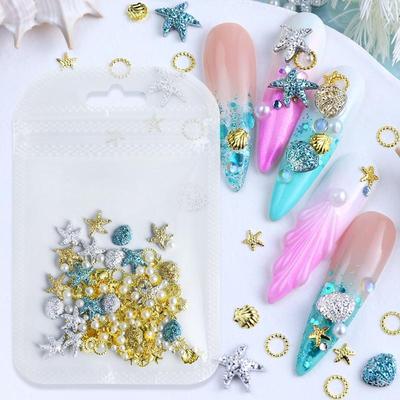 Sommer Ozean Nagelanhänger 3D Metall Harz mit Perlen Dekoration Gold Silber Blau Muschel Seestern Niete Schmuck Nagelkunst Zubehör