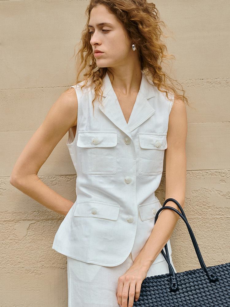 High-end Tencel Linen Cotton Vest Commuter Workplace Capable Sleeveless Waist Top Women's Summer V-neck Lapel Linen Vest
