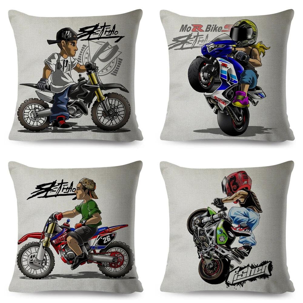 Kissenbezug mit Cartoon-Sportmotorradmotiv, farbenfroher, extremer Motorrad-Kissenbezug für Sofa, Zuhause, Auto, 45 x 45 cm