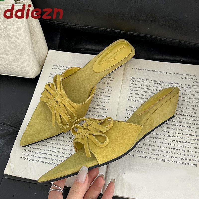 Fashion Female Pointed Toe Ladies Pumps Wedges Shoes Slip On Footwear Shallow Fashion Butterfly-Knot Women Wedges Shoes Slides