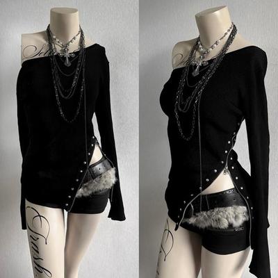 Camiseta de Manga Larga Gótica Y2K para Mujer Sexy Ajustada Chic Cuello Bardot Diseño con Cremallera Crop Top Rock Punk Hip Hop Ropa Urbana para Mujer