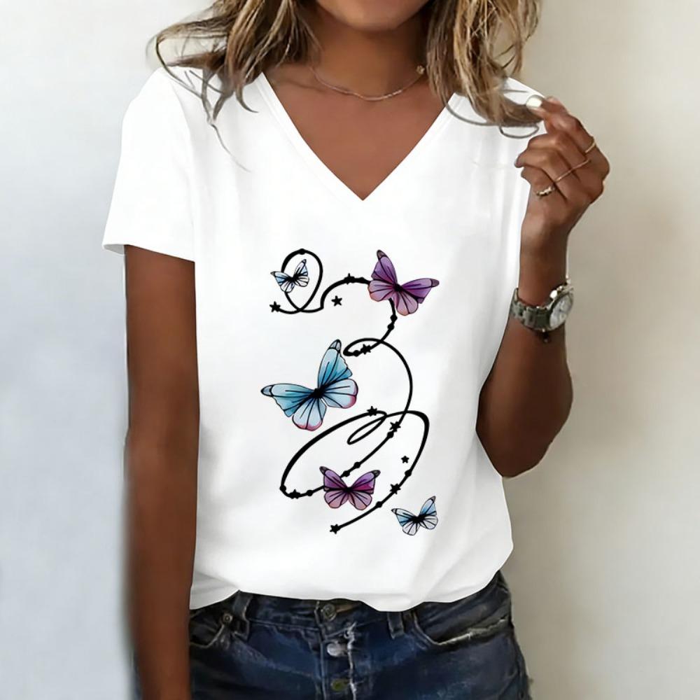 Colorful Butterfly T-shirt V Neck Casual Fashion Graphic T Shirts Women Short Sleeve Tee Shirt V-Neck Summer Spring