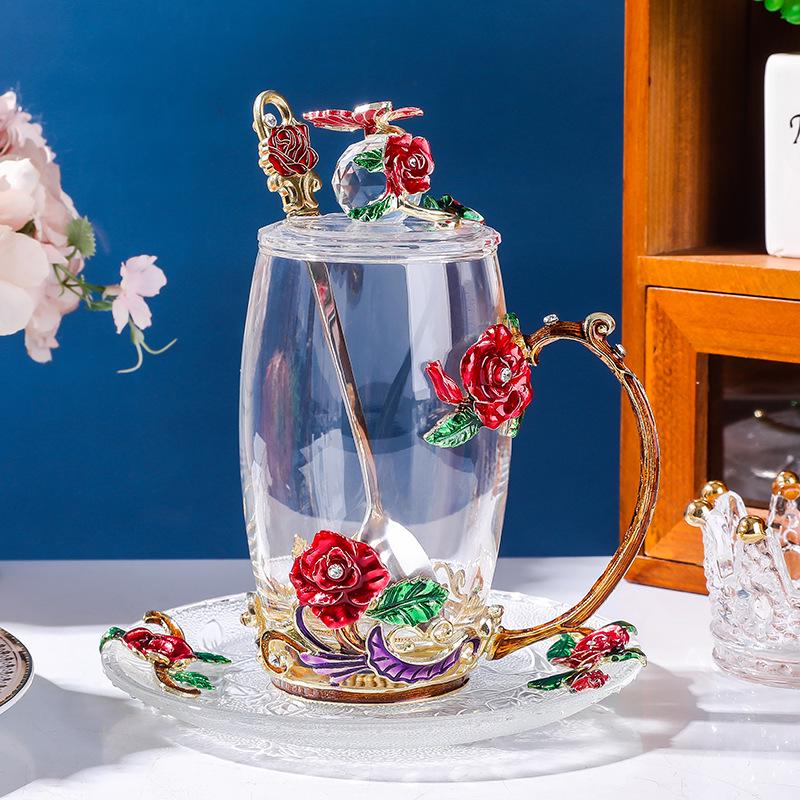 Colored Enamel Flower Glass Tea and Coffee Cup Set for Home and Office