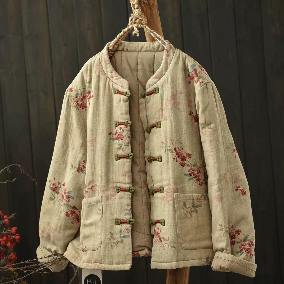 

Johnature Women Vintage Print Floral Jackets Stand Long Sleeve Autumn Coats Button Pockets Warm Pockets Jackets One Size