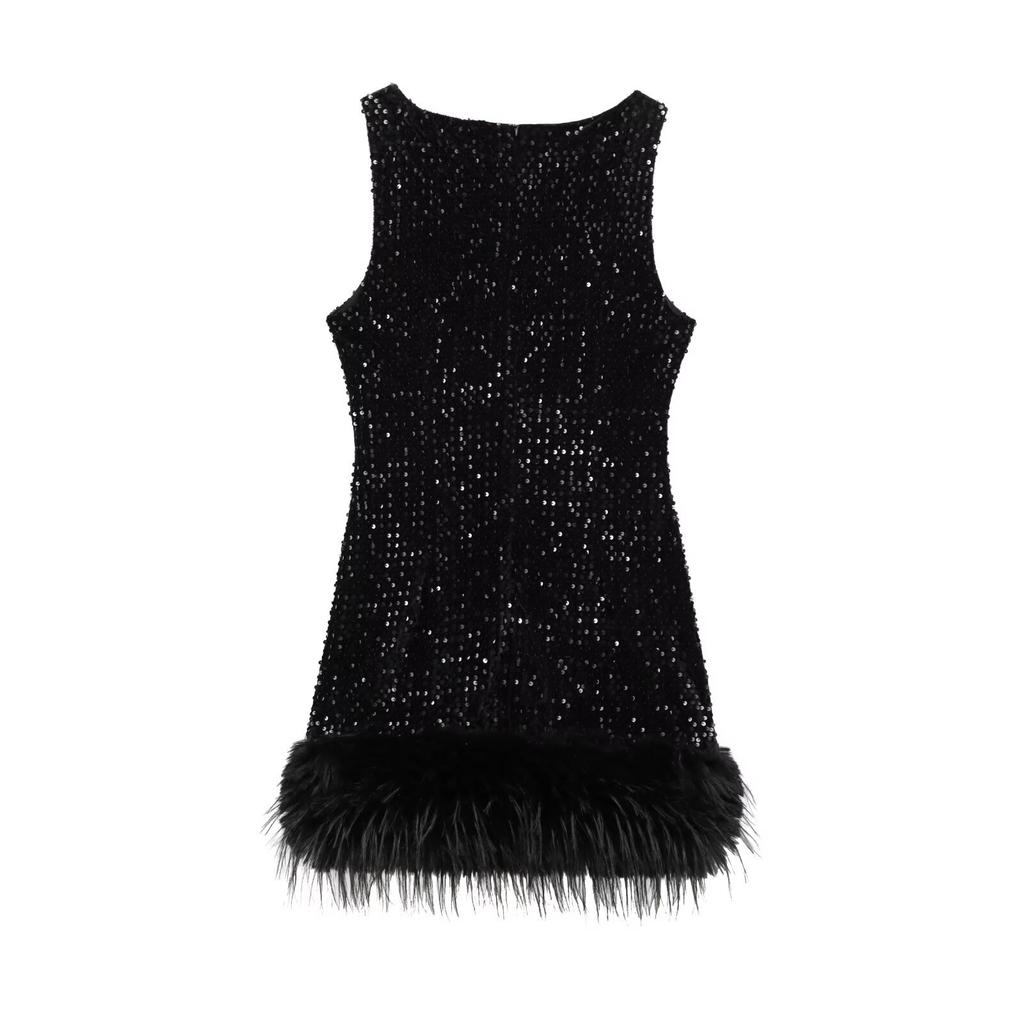 Women's Spring New European and American Style Sexy Bead Feathers Sleeveless Dress