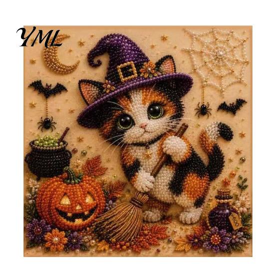 DIY Decorative Wall Hanging Halloween Cat Faux Pearl Painting Art Kit, Spooky 3D Beads Crafting Kits for Beginners Crafts, Cute Witch Gem Adults,