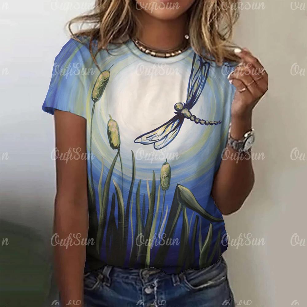 2024 Fashion Women's Short Sleeve Women's T-Shirt Dragonfly Print Fashion T-Shirt for Women Basic Casual Women's Oversized Top