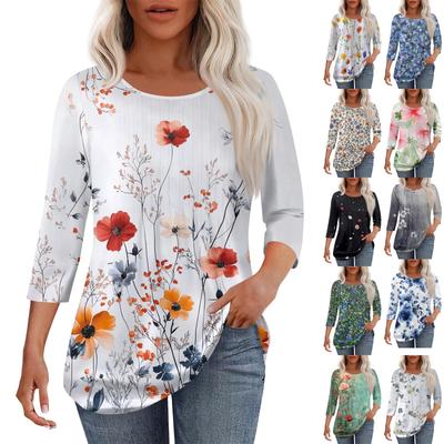 Women's Fashion Casual Pleated Round Neck Casual Printed Three-quarter Sleeve T-shirt Top