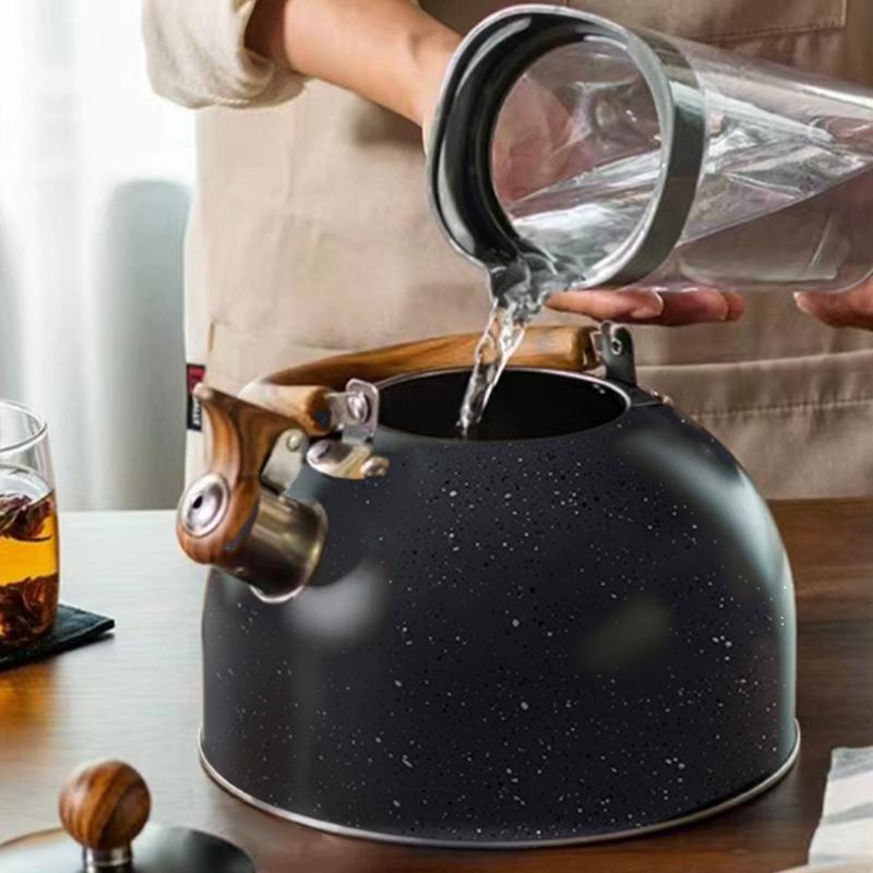 Bouilloire à sifflet, Théières pour cuisinière en acier inoxydable de qualité alimentaire avec motif bois Poignée pliable, Bouilloire à sifflet fort