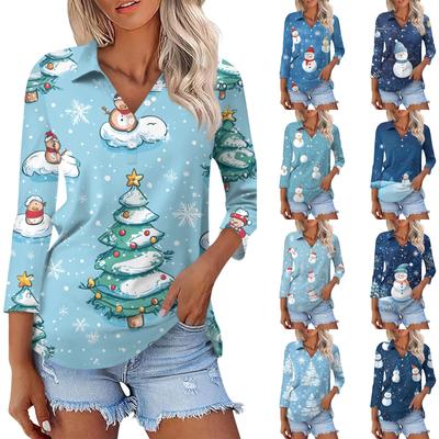 Damenmode Lässig Knopf 3/4 Ärmel Weihnachtsprint Revers Hemd Top