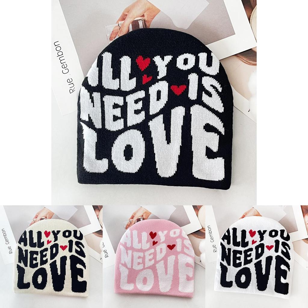 Simple Color Blocked Letter Heart Pattern Women Casual Warm Knitted Hat For Street Style Warmth