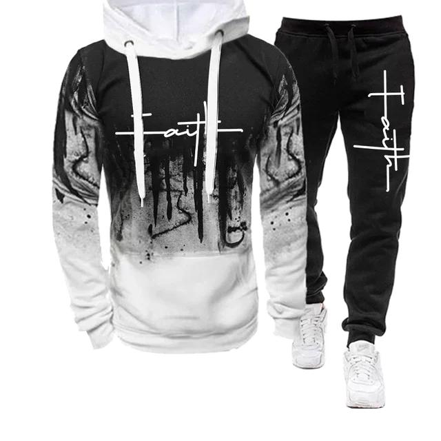 Fashion Faith Print Autumn Men's Casual Tracksuit Men Sweatshirts and Sweatpants Two Pieces Sets Sportswear Plus Size Customized