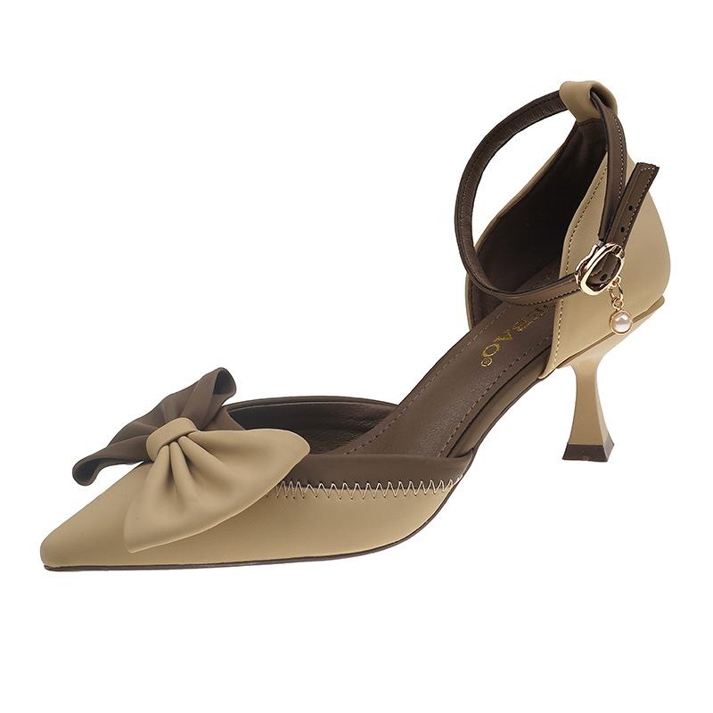 

High heels women s thin heels 2024 spring and summer new French retro bow temperament pointed head light mouth hollow single shoes 40 хакі