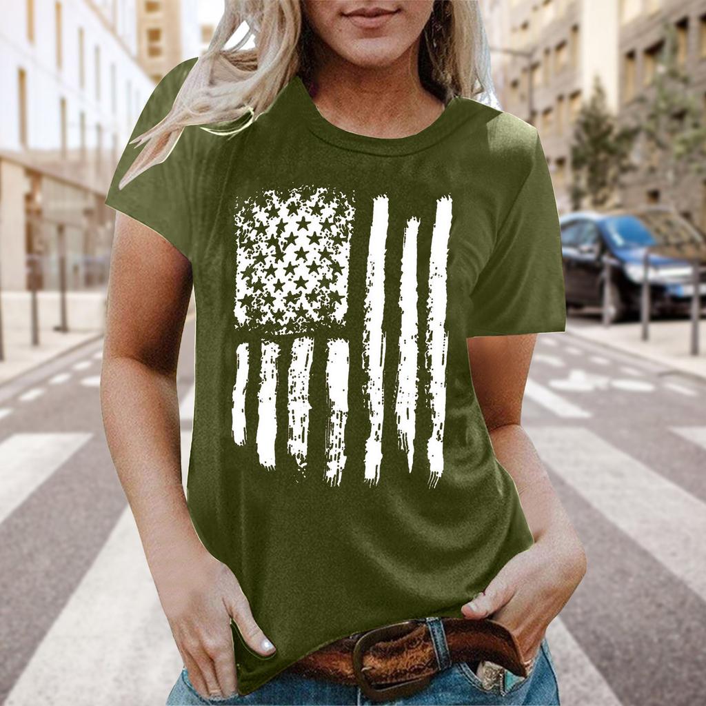 Real Shot Amazon Independence Station Cross-border European, American Independence Day Printed Short Sleeve Top Women's Summer Outer Bottom Shirt