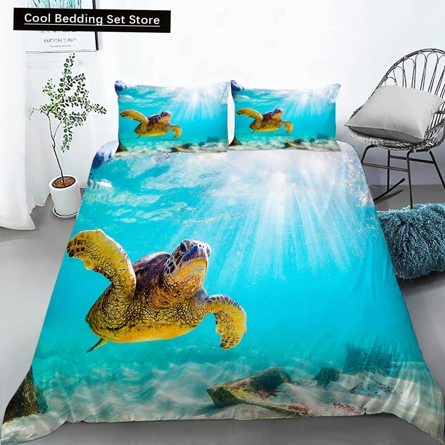 

Sea Turtle Duevt Cover Set King Size Ocean Turtle Themed Comforter Cover For Teens Boys And Girls Soft Polyester Quilt Cover EU Single(135*200cm)3pcs