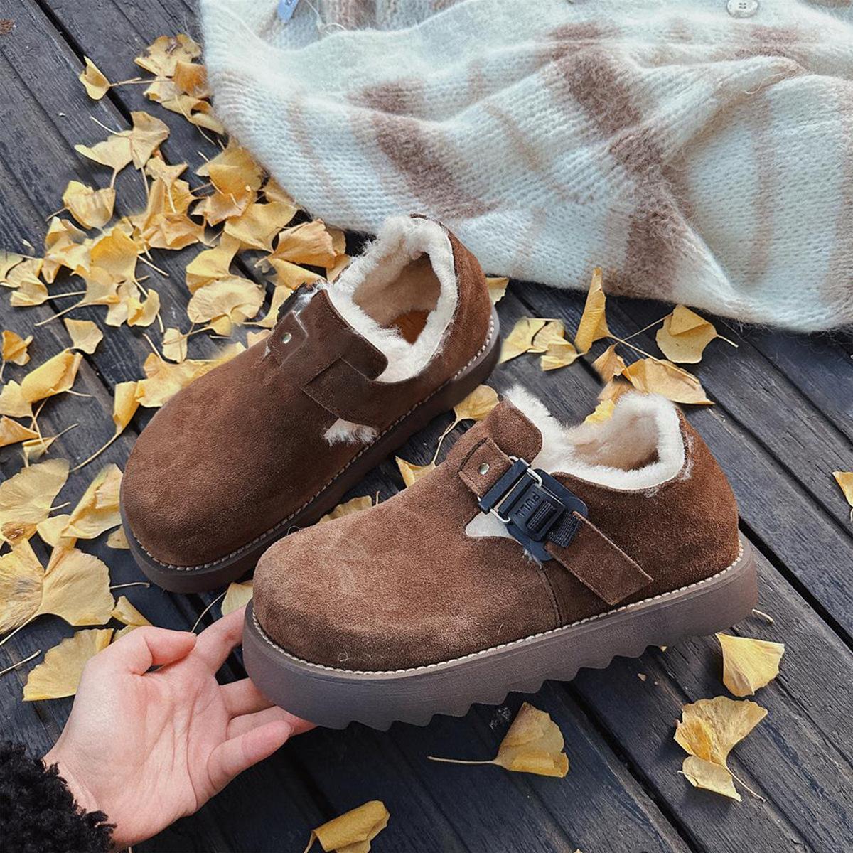 

Версия из мягкой кожи~ бархатные ботинки Boken на толстой подошве для женщин, ленивые осенью и зимой, нескользящие, теплые, пушистые одинарные туфли на платформе для 40