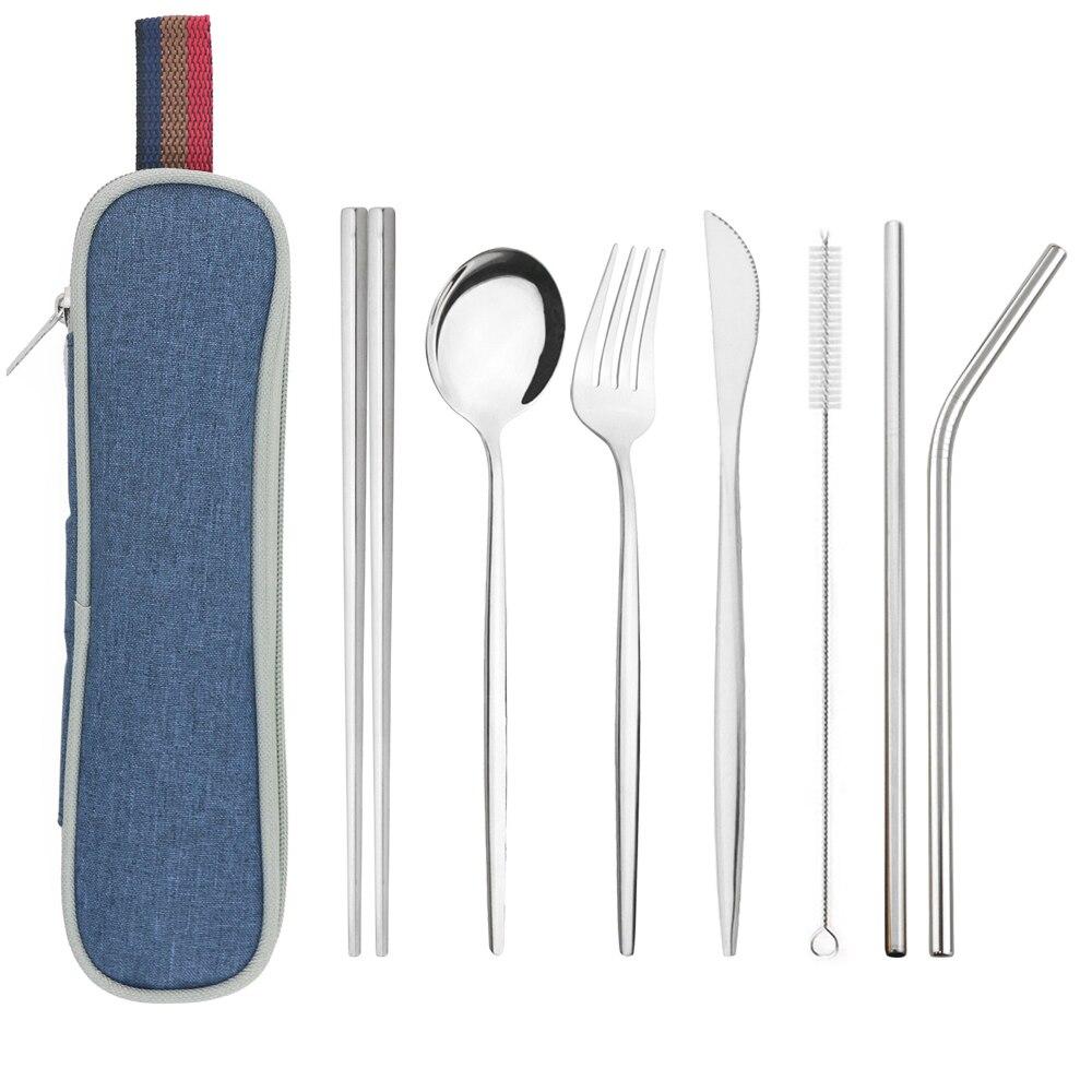 Silver Dinnerware Set Travel Cutlery Set Reusable Silverware Straw Spoons Forks Chopsticks Kitchen Accessory with Bag