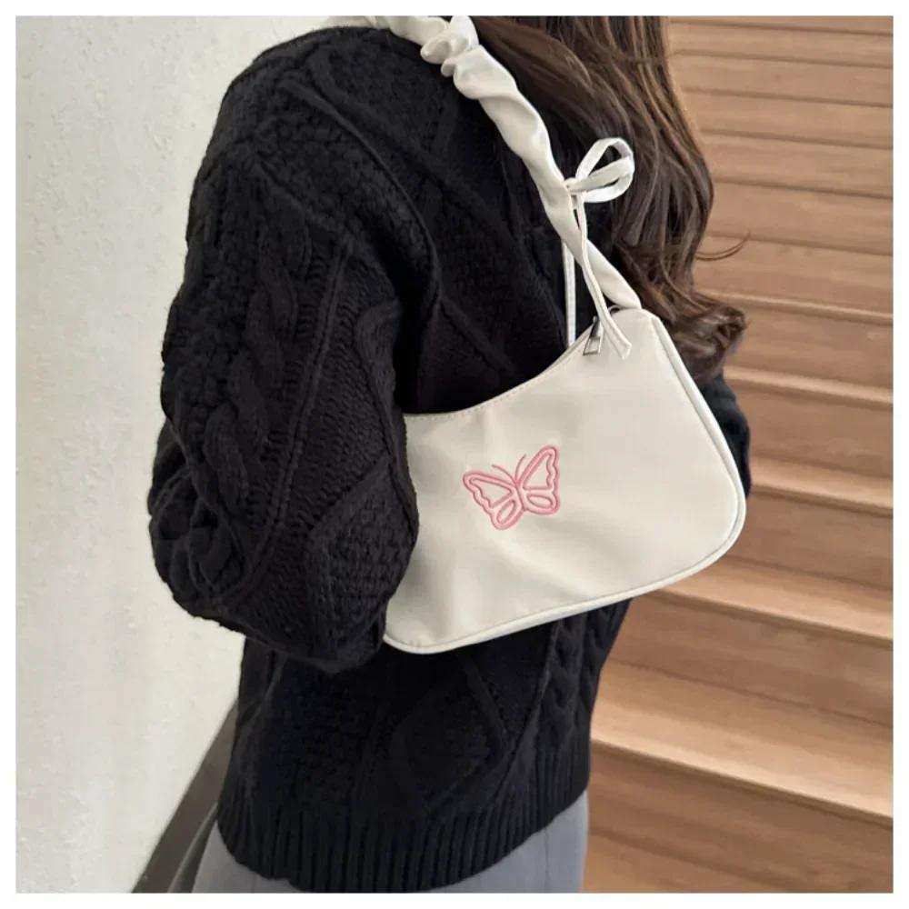 Embroidery Bowknot Butterfly Shoulder Bag Y2k-Style Ruffle Handle Nyl Bow Tote Bag Makeup Lipstick Bag Handbag New