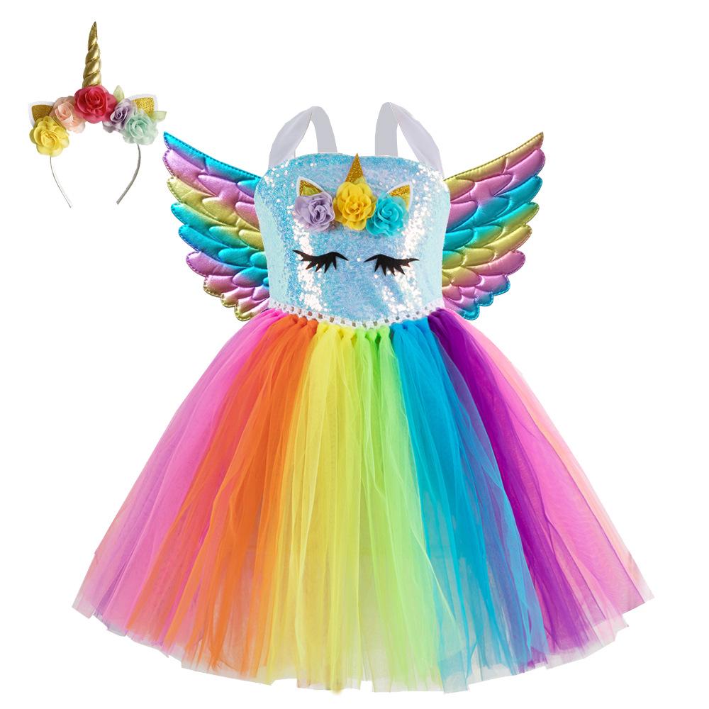 Regenbogen Pailletten Einhorn Kleid mit Flügeln & Kopfschmuck - Europäischer & Amerikanischer Stil 2026 für Mädchen