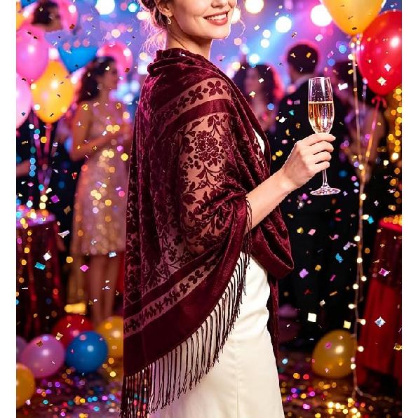 190*70cm Women's Velvet Vintage Floral Rose Shawl Wrap,Sheer Mesh Lace Scarf with Tassels, Evening Shawl for Party
