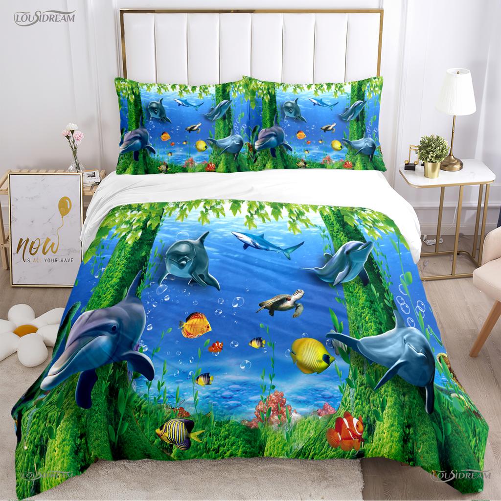 Comforter 3D Ocean World Dolphin Whale Fish Comforter Beding Set Soft And For Single/Double/Queen/King