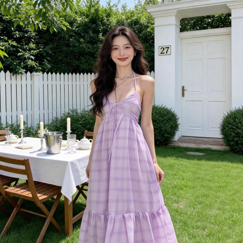 Holiday wind beach skirt backless lavender chiffon swinging air dress photo