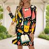 Women Plus Size Round Neck Long Sleeve Cartoon Excavator Printed A Line Flared Hem Dress