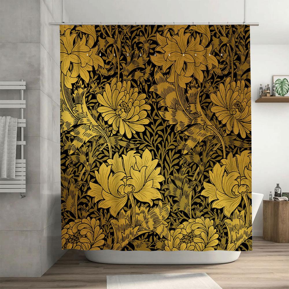 Luxury Golden Floral Print Shower Curtain Bathroom Decor In Black Gold Colors For Home Use