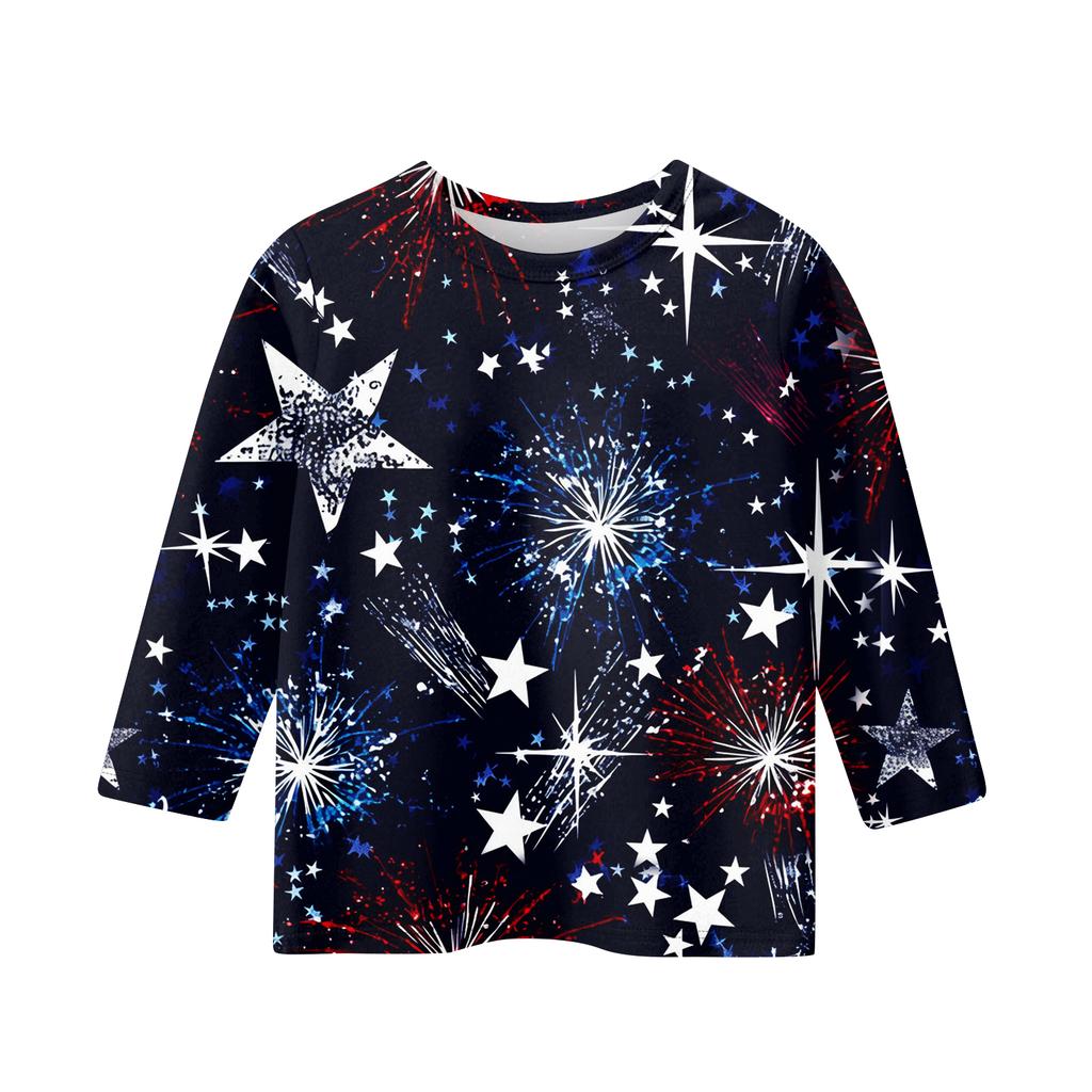 Print Tops For Youth Girls Round Neck 3/4 Sleeves T-Shirts Trendy Tops Outfit Tees Independence Day