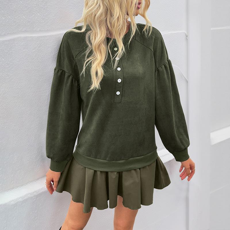 YYFS Women's Fashion Spring Fall Solid Color Print Long Sleeve O-Neck Loose Waistline Casual Dresses