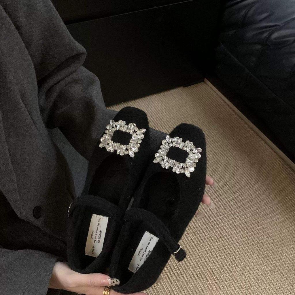 Grey rhinestone flat-bottomed Mary Jane shoes for women's winter wear, new Korean version of square-headed woolen single shoes, velvet t