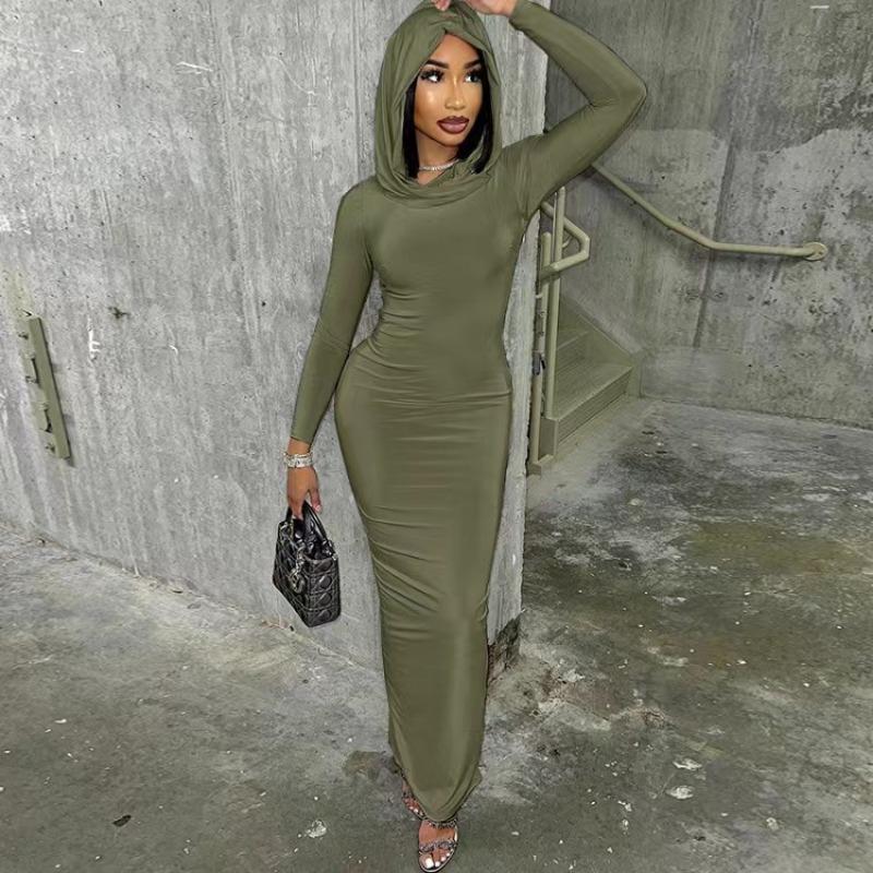 

Женские осенние облегающие однотонные платья с капюшоном и разрезом на бедрах L армия зеленый