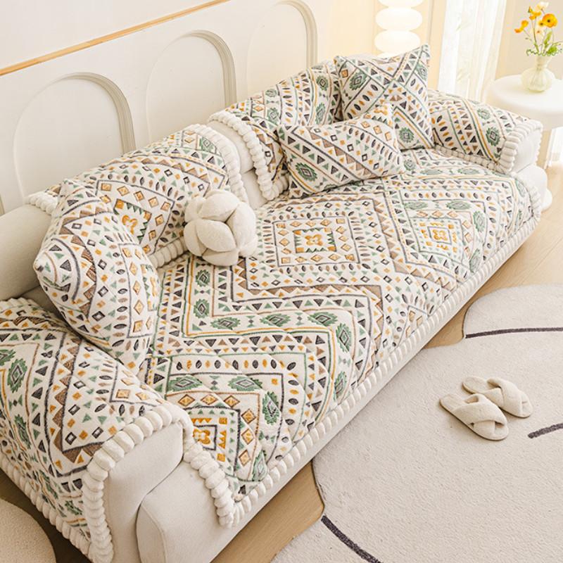 Modern Geometric Pattern Thickened Autumn Winter Snowflake Velour Sofa Cushion Plush Anti-Slip Seat Cover