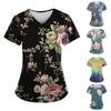 Women Fashion Spring And Summer Oil Painting Print V-neck Short Sleeve Workwear With Pockets Tops