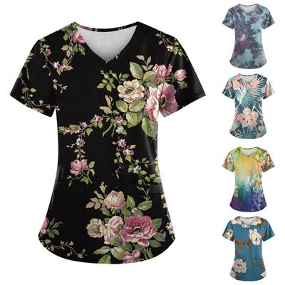 Frauen Mode Frühjahr Und Sommer Ölgemälde Druck V-ausschnitt Kurzarm Arbeitskleidung Mit Taschen Tops