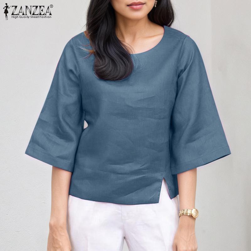 ZANZEA Women Casual O-neck Summer Solid Color 3/4 Sleeve Blouse