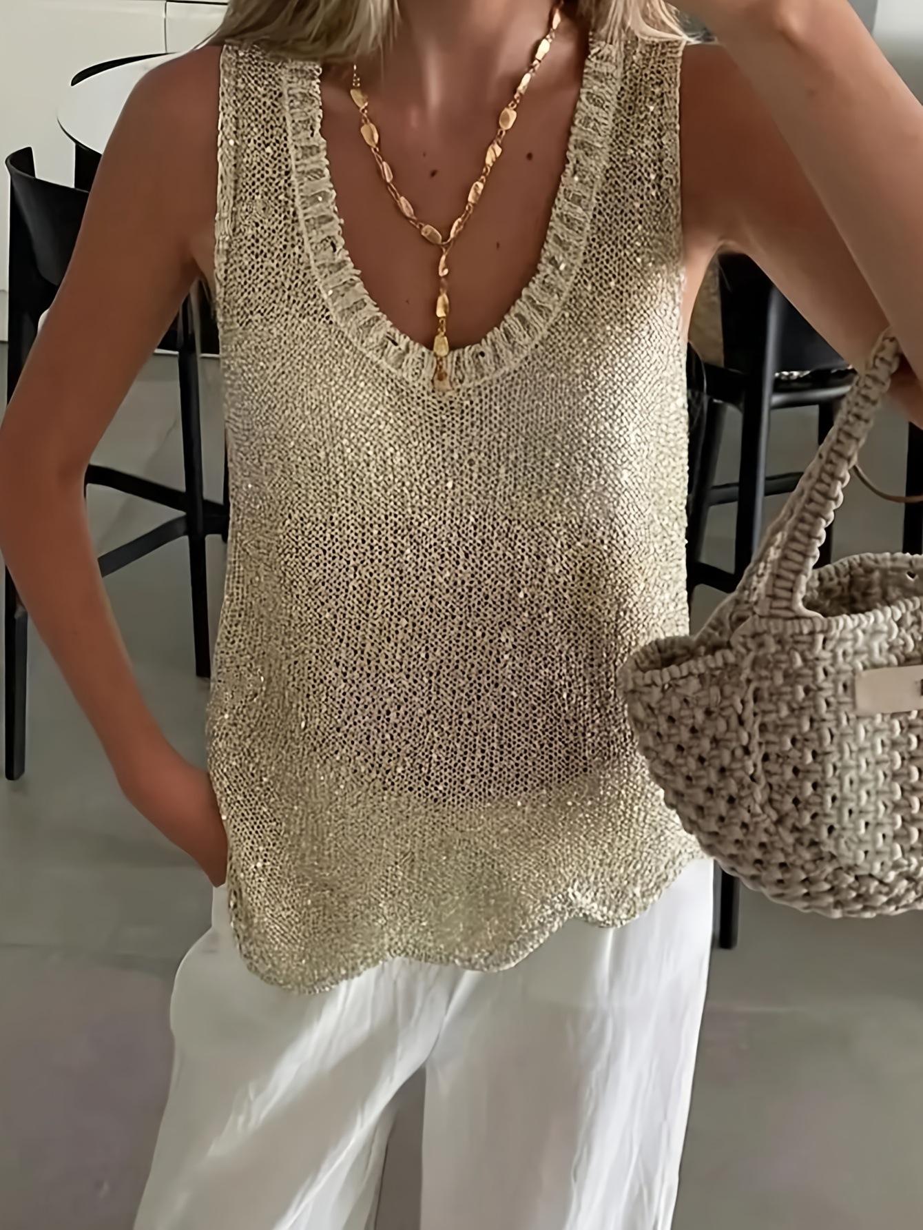 Women Loose Hollow Knit Sequin V Neck Sleeveless Casual Vest Top S